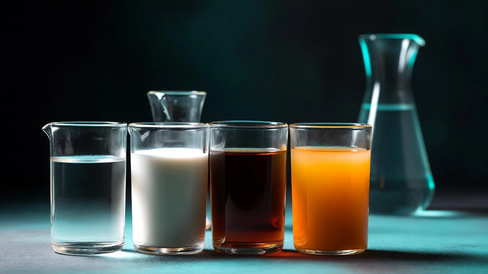 Four clear glasses of water, milk, a dark drink, and orange juice in a row, with a lab flask behind, on a dark teal surface under clinical studio lighting.
