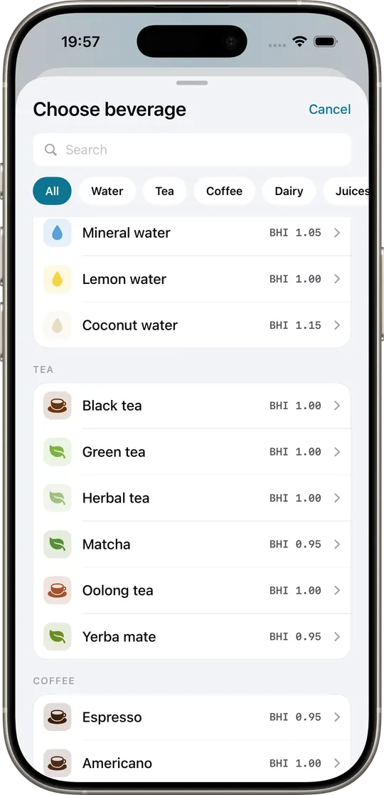 AquaTrack beverage picker — each beverage shows its BHI value inline (e.g. BHI 1.05)