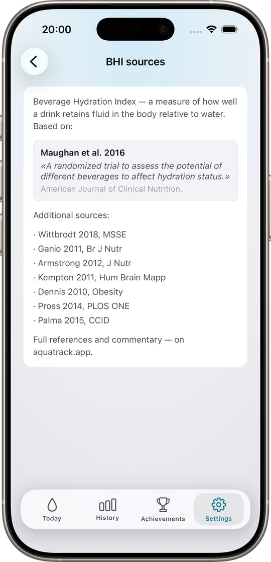 AquaTrack Methodology screen — Maughan 2016 DOI plus the daily-target formula