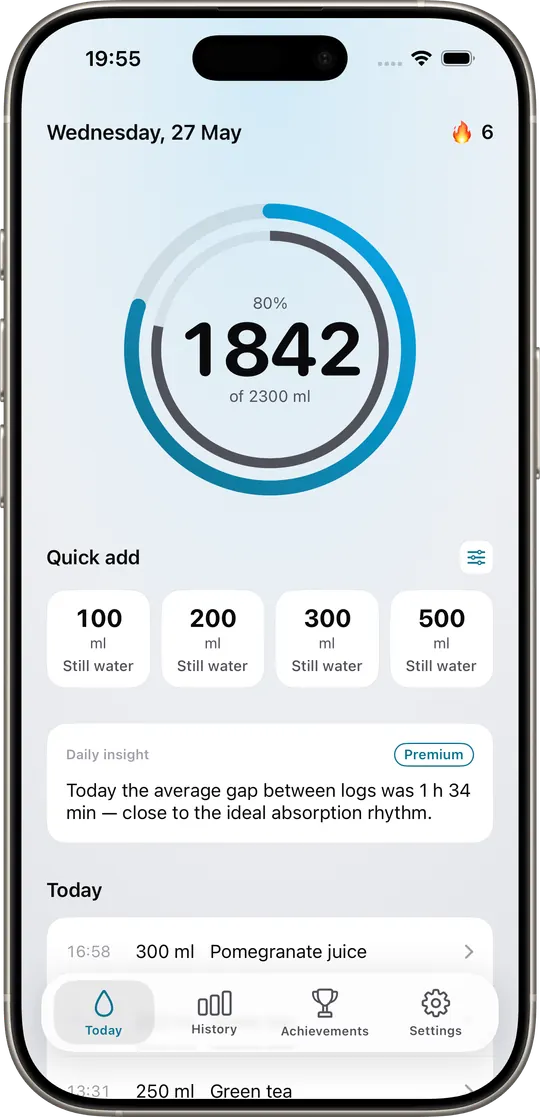 AquaTrack Today screen — dual ring at 77% credited and a stack of logged drinks