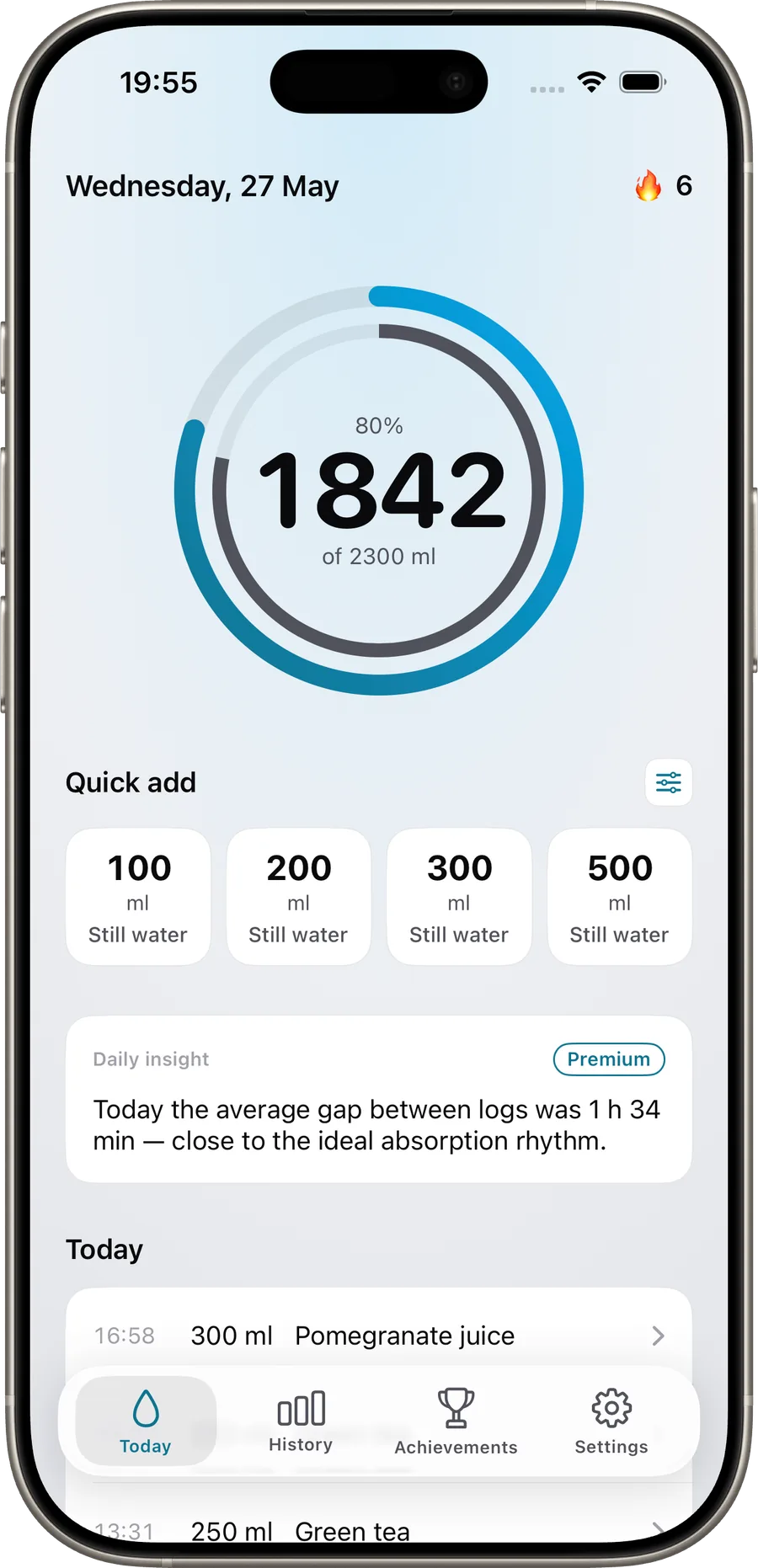 AquaTrack Today screen — dual ring at 77% with a stack of logged drinks