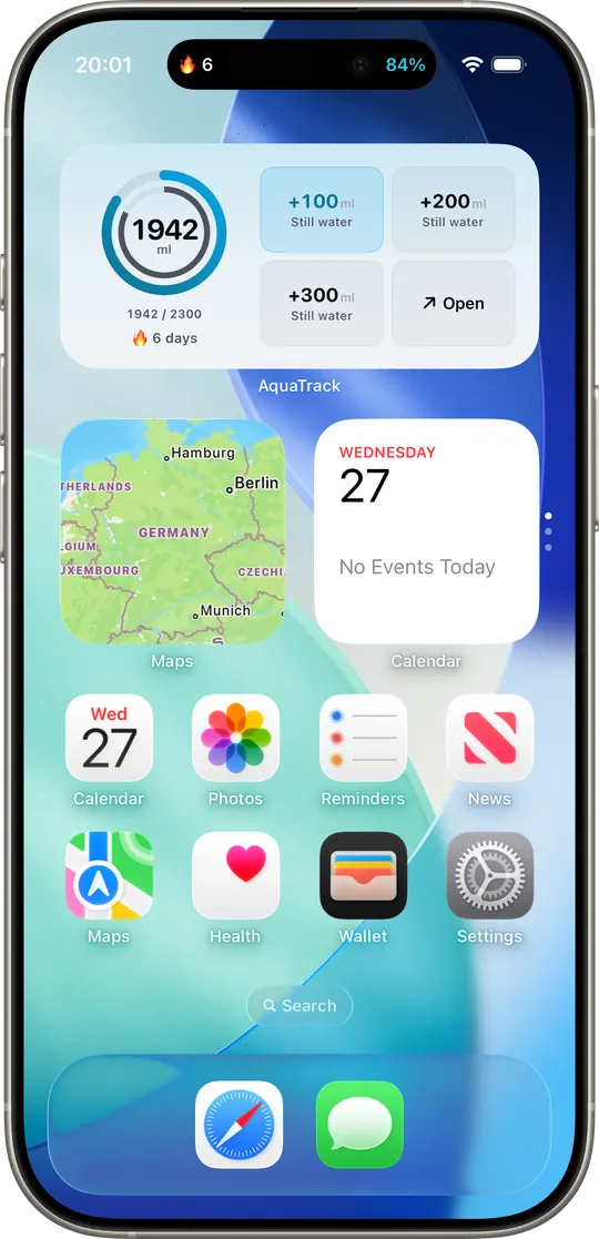 AquaTrack home-screen widget — quick-add tile with current progress